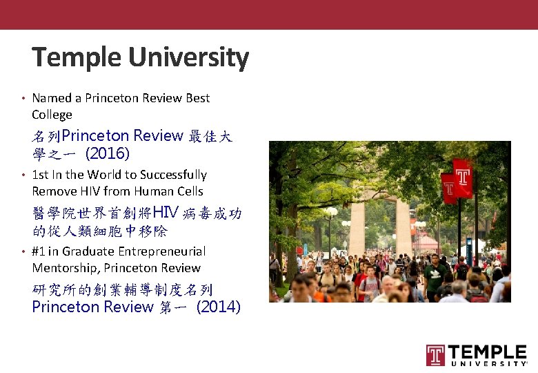 Temple University • Named a Princeton Review Best College 名列Princeton Review 最佳大 學之一 (2016)