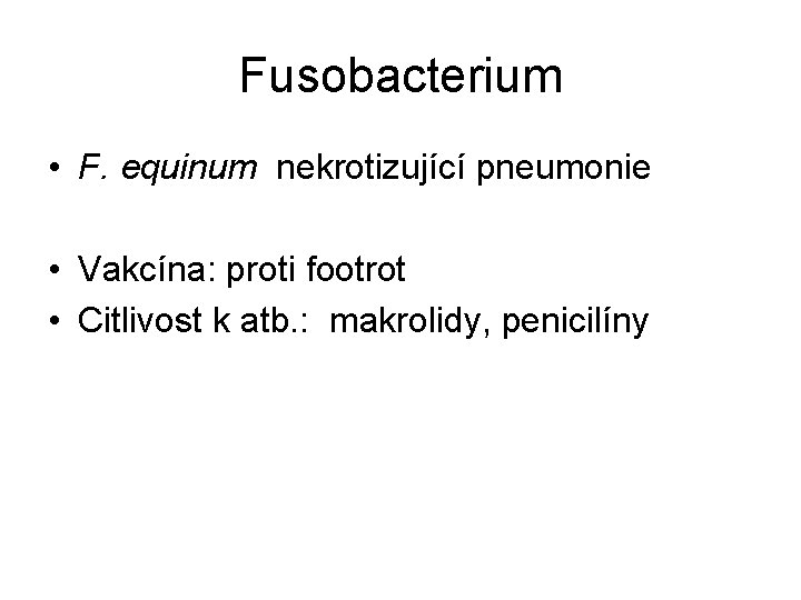 Fusobacterium • F. equinum nekrotizující pneumonie • Vakcína: proti footrot • Citlivost k atb.