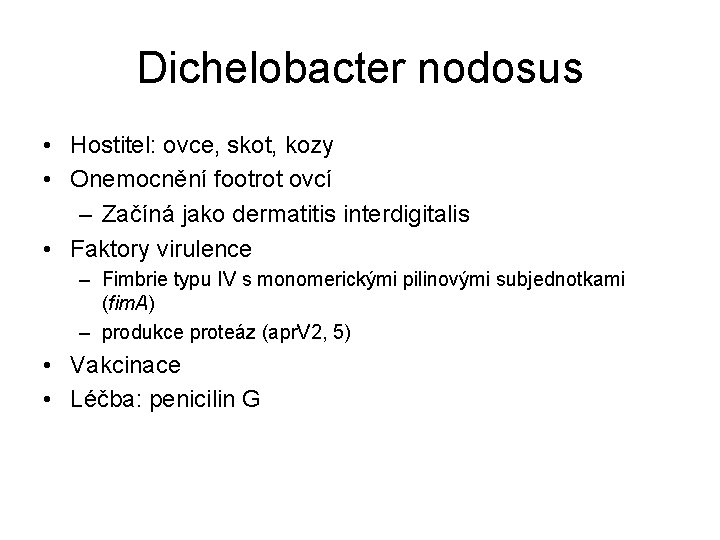 Dichelobacter nodosus • Hostitel: ovce, skot, kozy • Onemocnění footrot ovcí – Začíná jako