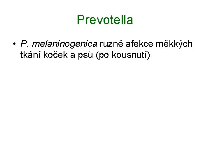 Prevotella • P. melaninogenica různé afekce měkkých tkání koček a psů (po kousnutí) 