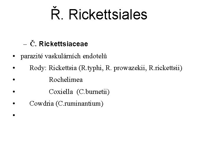 Ř. Rickettsiales – Č. Rickettsiaceae • parazité vaskulárních endotelů • Rody: Rickettsia (R. typhi,