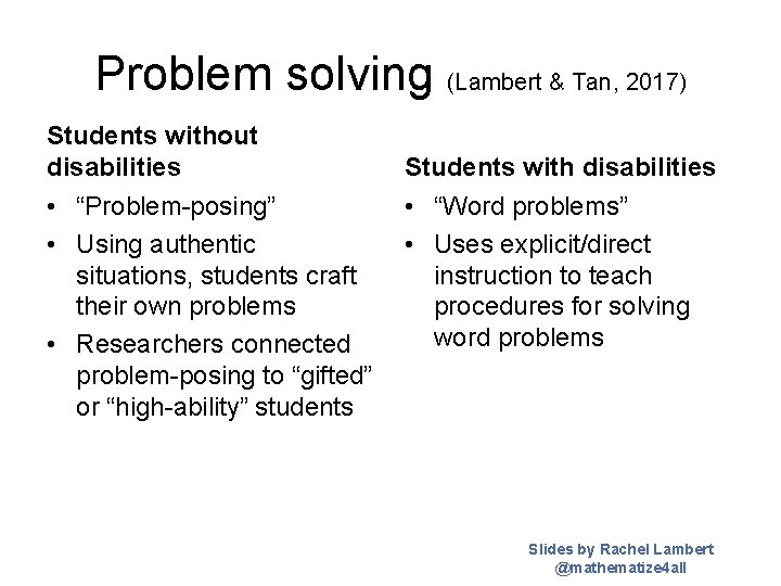 Problem solving (Lambert & Tan, 2017) Students without disabilities • “Problem-posing” • Using authentic