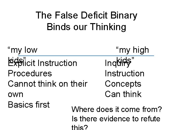 The False Deficit Binary Binds our Thinking “my low kids” Explicit Instruction “my high