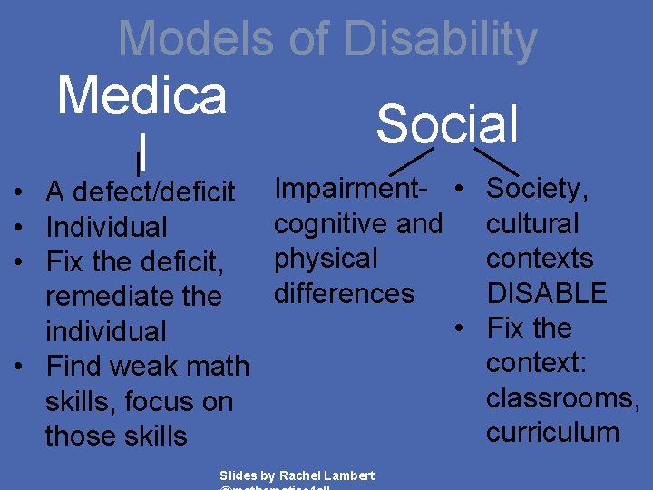 Models of Disability Medica l • A defect/deficit • Individual • Fix the deficit,