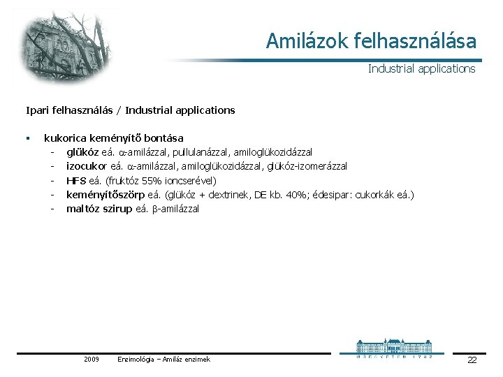 Amilázok felhasználása Industrial applications Ipari felhasználás / Industrial applications § kukorica keményítő bontása glükóz