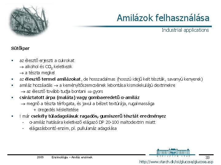 Amilázok felhasználása Industrial applications Sütőipar § § § az élesztő erjeszti a cukrokat alkohol