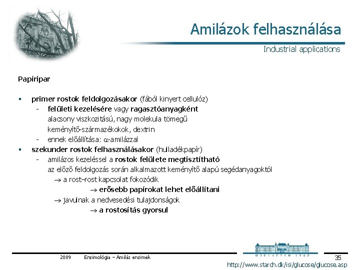 Amilázok felhasználása Industrial applications Papíripar § § primer rostok feldolgozásakor (fából kinyert cellulóz) felületi