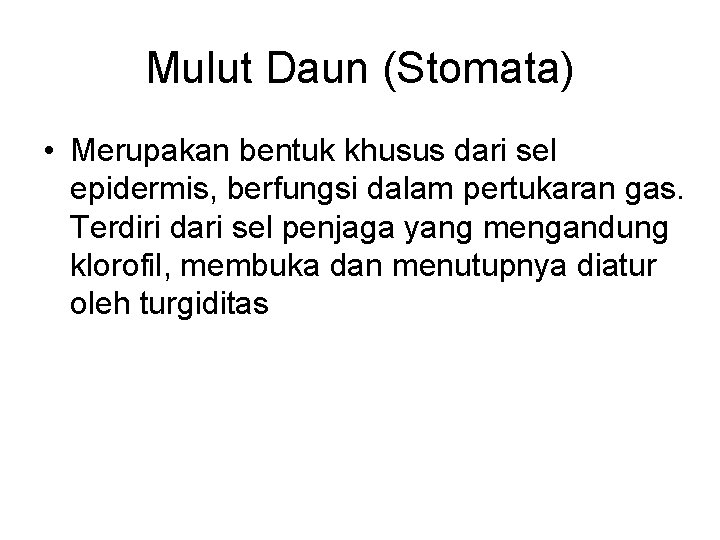 Mulut Daun (Stomata) • Merupakan bentuk khusus dari sel epidermis, berfungsi dalam pertukaran gas.