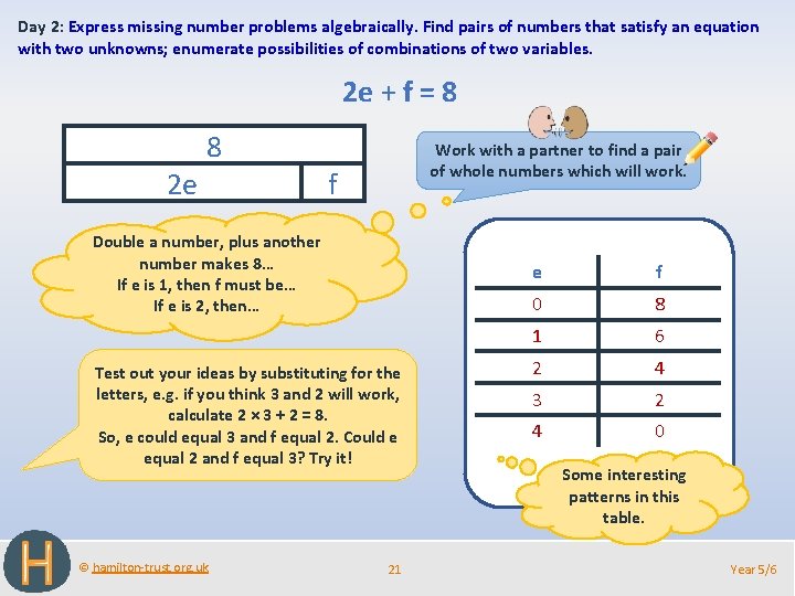 Day 2: Express missing number problems algebraically. Find pairs of numbers that satisfy an