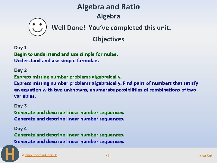 Algebra and Ratio Algebra Well Done! You’ve completed this unit. Objectives Day 1 Begin
