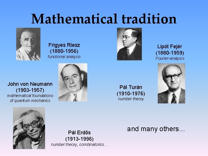Mathematical tradition Frigyes Riesz (1880 -1956) Lipót Fejér (1880 -1959) functional analysis John von