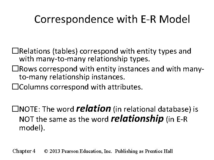 Correspondence with E-R Model �Relations (tables) correspond with entity types and with many-to-many relationship Correspondence with E-R Model �Relations (tables) correspond with entity types and with many-to-many relationship