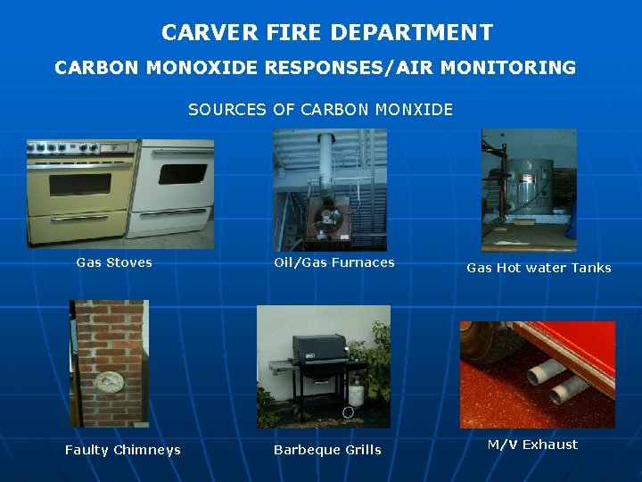 CARVER FIRE DEPARTMENT CARBON MONOXIDE RESPONSES/AIR MONITORING SOURCES OF CARBON MONXIDE Gas Stoves Faulty