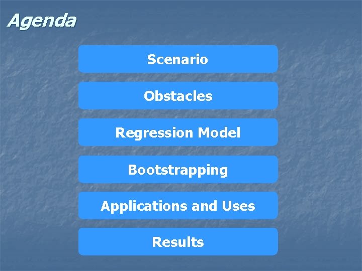 Agenda Scenario Obstacles Regression Model Bootstrapping Applications and Uses Results 