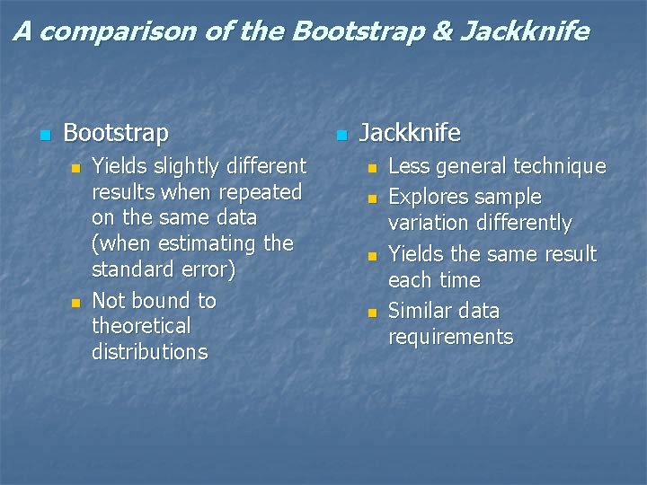 A comparison of the Bootstrap & Jackknife n Bootstrap n n Yields slightly different