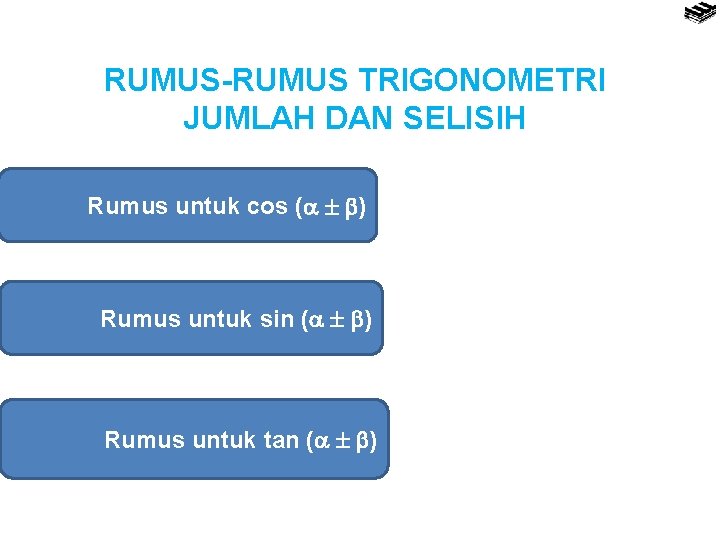 RUMUS-RUMUS TRIGONOMETRI JUMLAH DAN SELISIH Rumus untuk cos ( ) Rumus untuk sin (