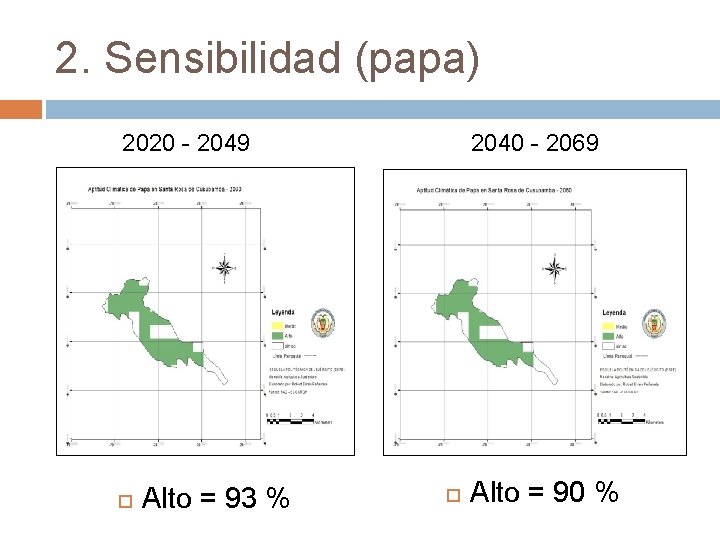 2. Sensibilidad (papa) 2020 - 2049 Alto = 93 % 2040 - 2069 Alto