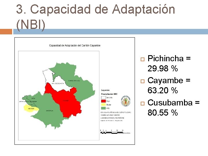 3. Capacidad de Adaptación (NBI) Pichincha = 29. 98 % Cayambe = 63. 20