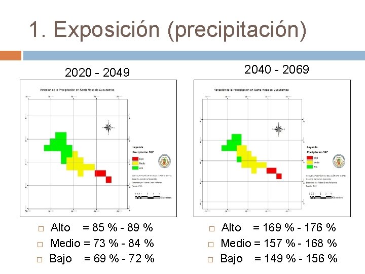 1. Exposición (precipitación) 2040 - 2069 2020 - 2049 Alto = 85 % -