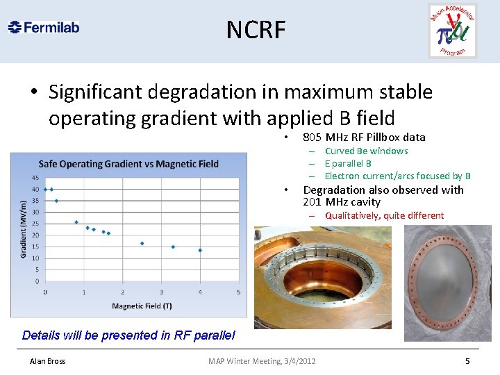 NCRF • Significant degradation in maximum stable operating gradient with applied B field •