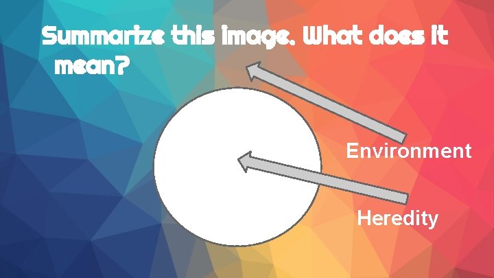 Summarize this image. What does it mean? Environment Heredity 