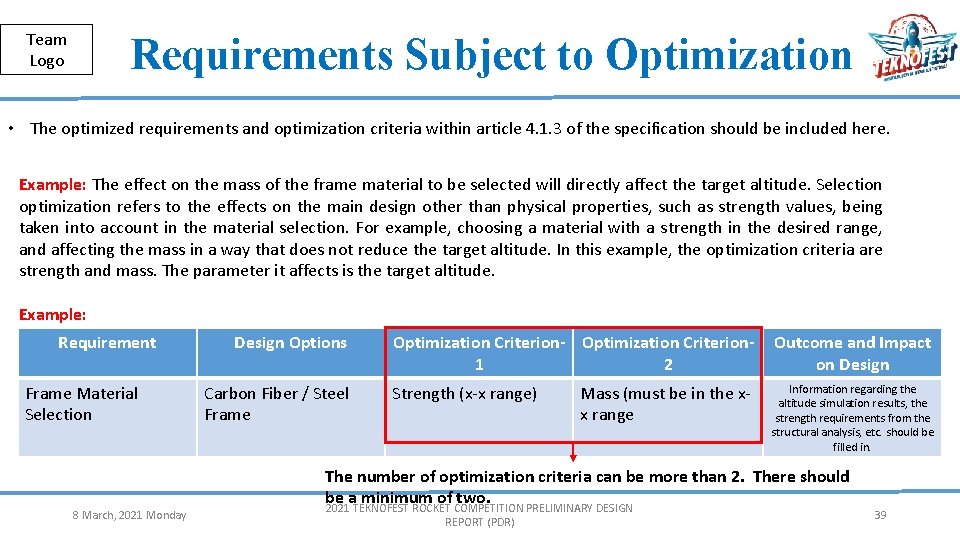 Public Team Logo Requirements Subject to Optimization • The optimized requirements and optimization criteria