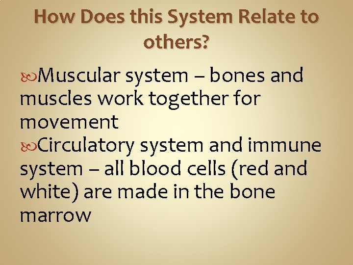 How Does this System Relate to others? Muscular system – bones and muscles work How Does this System Relate to others? Muscular system – bones and muscles work