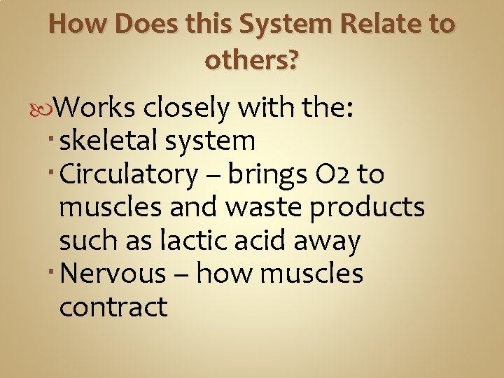 How Does this System Relate to others? Works closely with the: skeletal system Circulatory How Does this System Relate to others? Works closely with the: skeletal system Circulatory