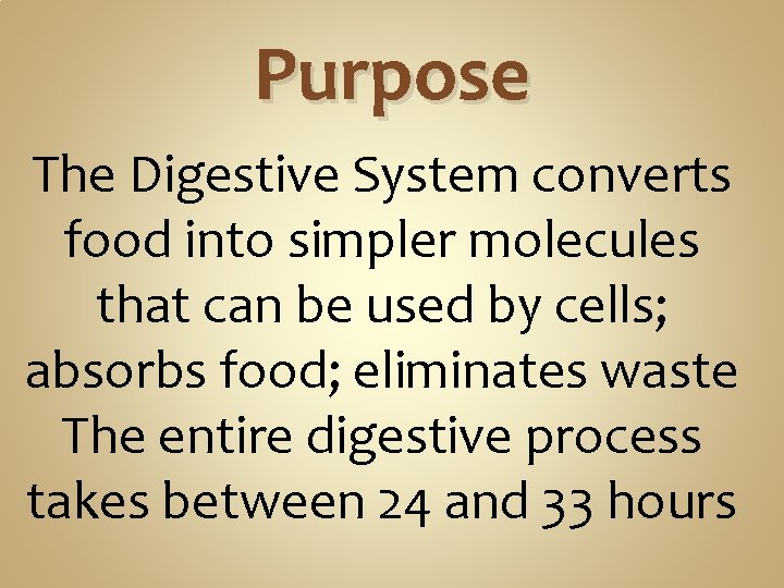 Purpose The Digestive System converts food into simpler molecules that can be used by Purpose The Digestive System converts food into simpler molecules that can be used by