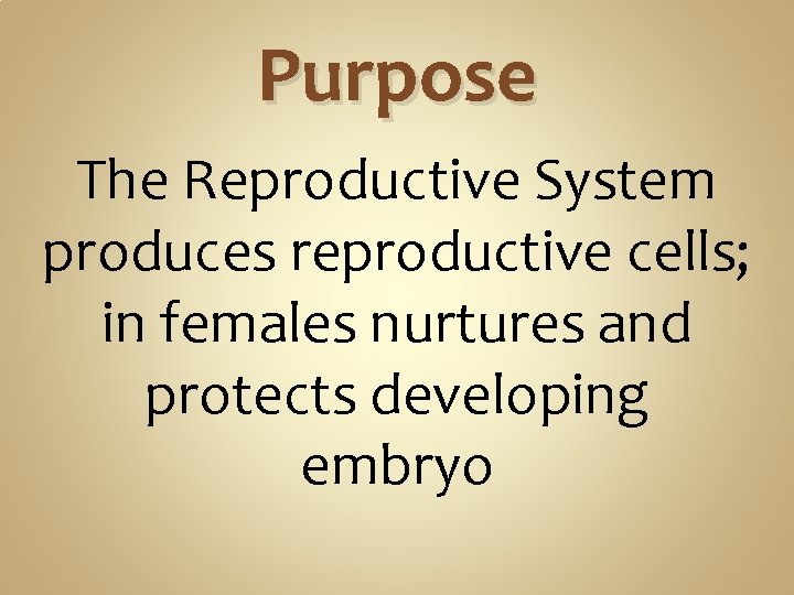 Purpose The Reproductive System produces reproductive cells; in females nurtures and protects developing embryo Purpose The Reproductive System produces reproductive cells; in females nurtures and protects developing embryo