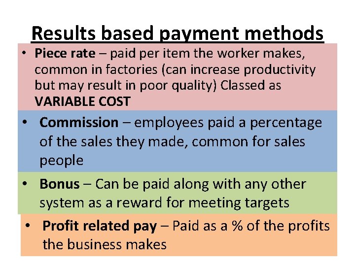 Results based payment methods • Piece rate – paid per item the worker makes,