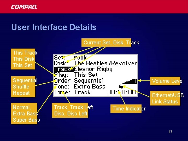 User Interface Details Current Set, Disk, Track This Disk This Set Sequential Shuffle Repeat