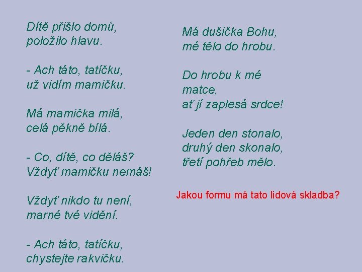 Dítě přišlo domů, položilo hlavu. Má dušička Bohu, mé tělo do hrobu. - Ach