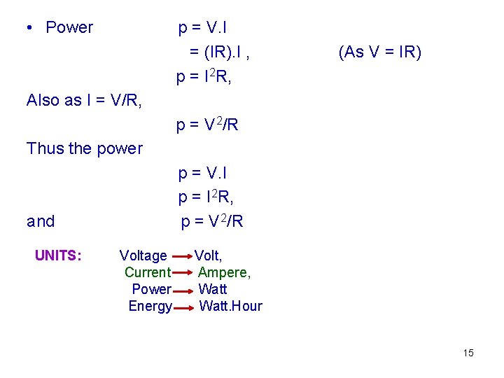  • Power p = V. I = (IR). I , p = I