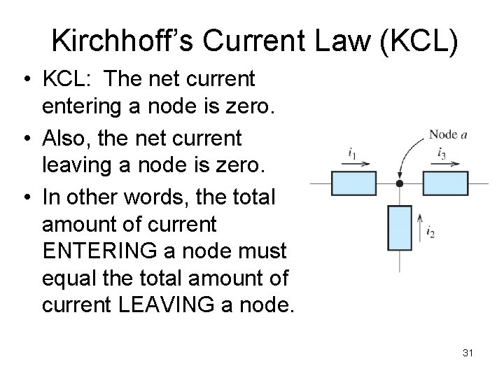 Kirchhoff’s Current Law (KCL) • KCL: The net current entering a node is zero.