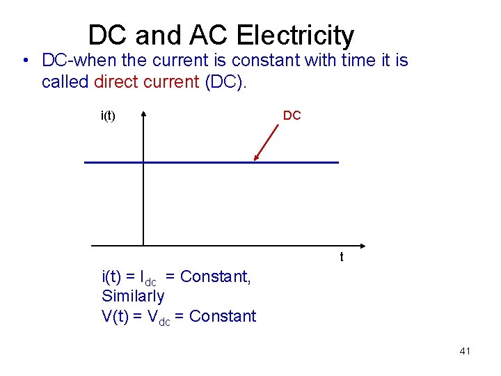 DC and AC Electricity • DC-when the current is constant with time it is