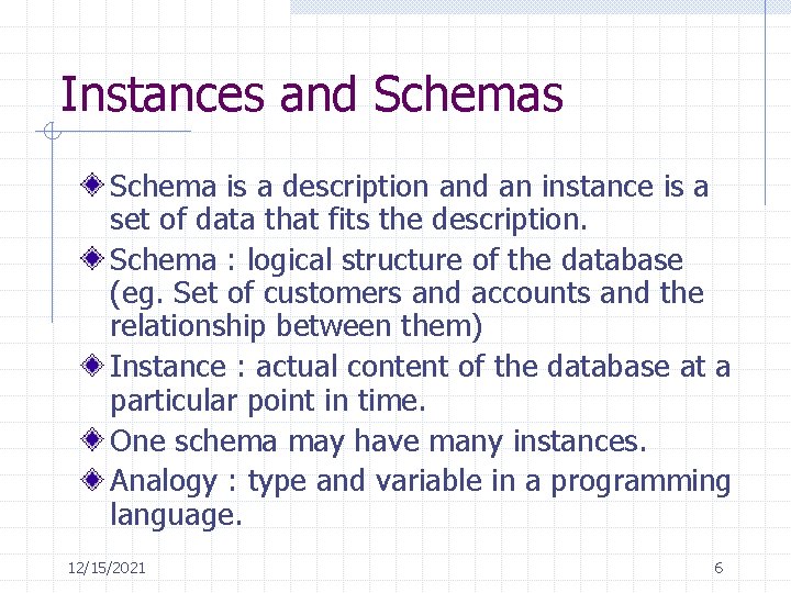 Instances and Schemas Schema is a description and an instance is a set of