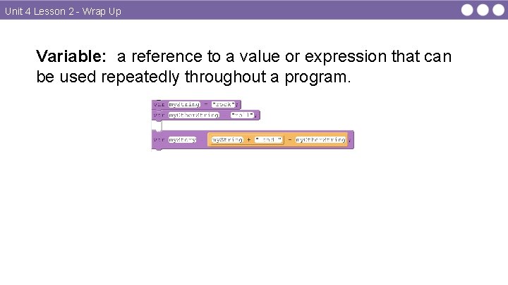 Unit 4 Lesson 2 - Wrap Up Variable: a reference to a value or