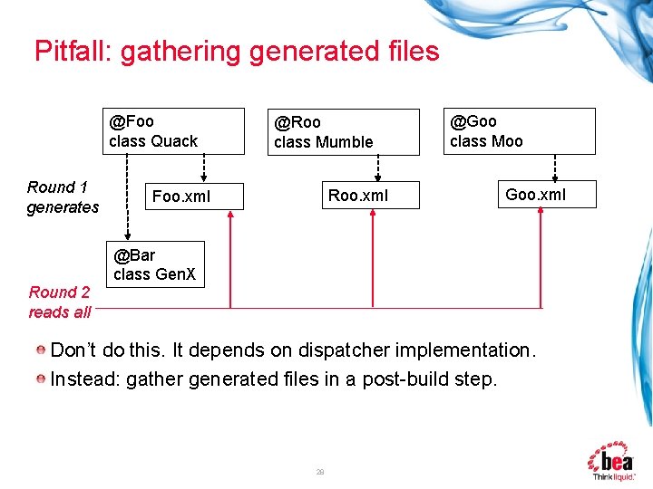 Pitfall: gathering generated files @Foo class Quack Round 1 generates Round 2 reads all