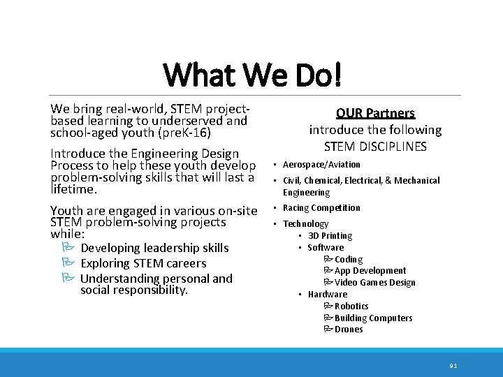 What We Do! We bring real-world, STEM projectbased learning to underserved and school-aged youth