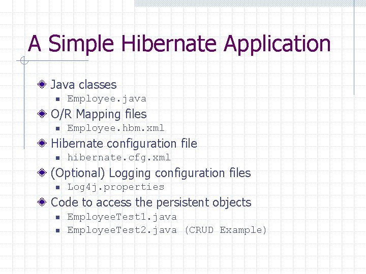 A Simple Hibernate Application Java classes n Employee. java O/R Mapping files n Employee.