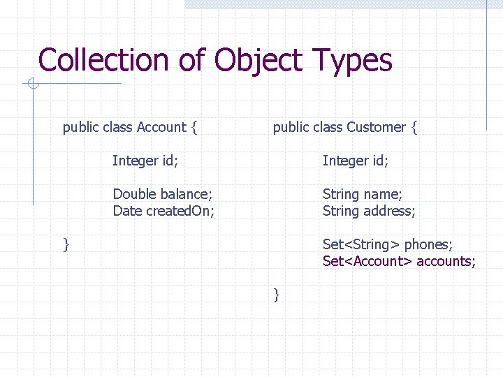 Collection of Object Types public class Account { public class Customer { Integer id;