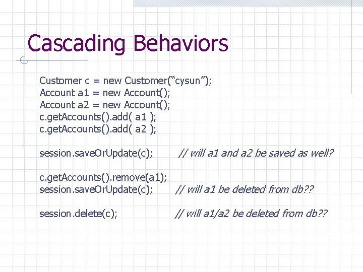 Cascading Behaviors Customer c = new Customer(“cysun”); Account a 1 = new Account(); Account