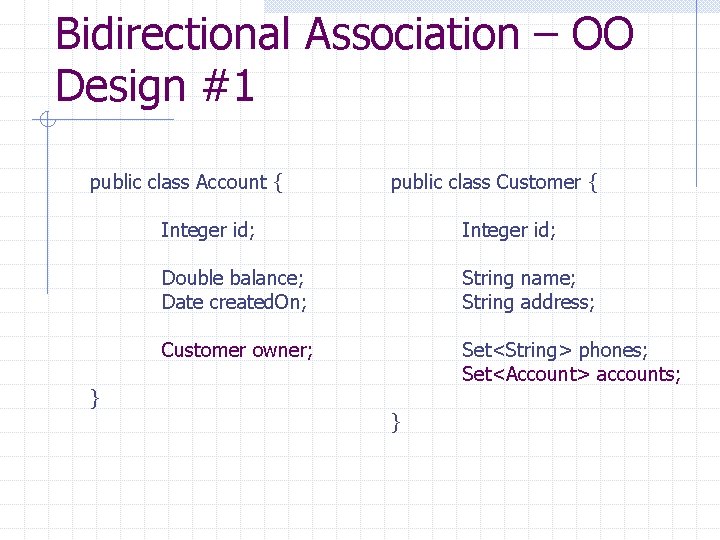 Bidirectional Association – OO Design #1 public class Account { } public class Customer