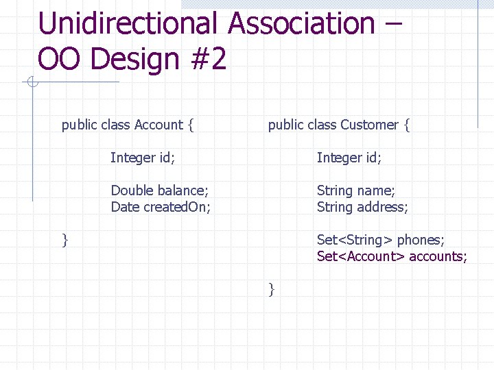 Unidirectional Association – OO Design #2 public class Account { public class Customer {