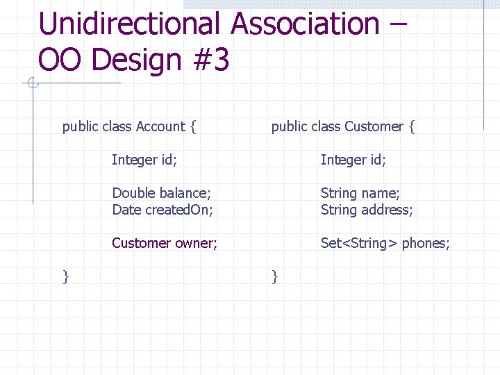 Unidirectional Association – OO Design #3 public class Account { } public class Customer