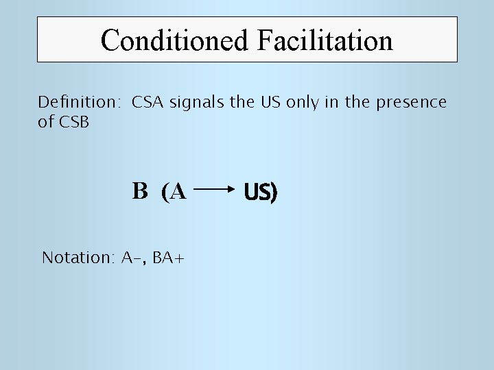 Conditioned Facilitation Definition: CSA signals the US only in the presence of CSB B