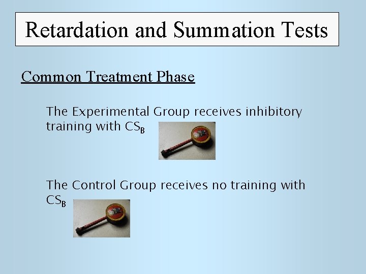 Retardation and Summation Tests Common Treatment Phase The Experimental Group receives inhibitory training with