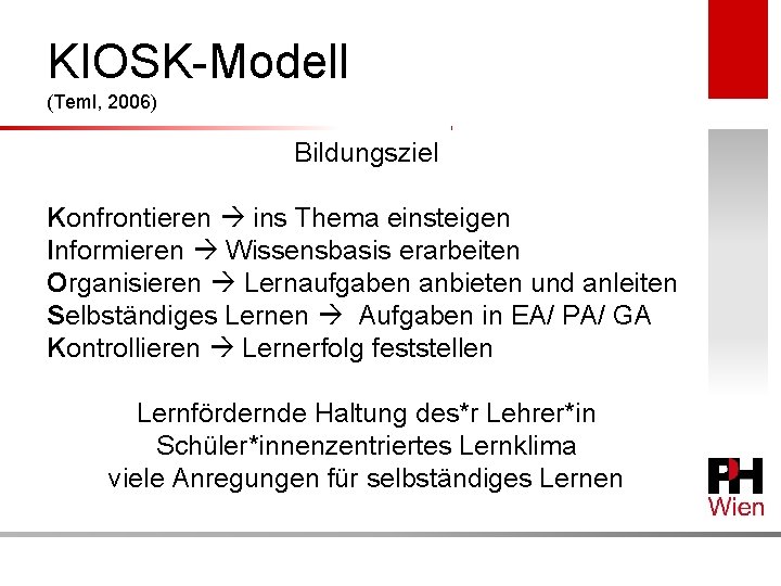 KIOSK-Modell (Teml, 2006) Bildungsziel Konfrontieren ins Thema einsteigen Informieren Wissensbasis erarbeiten Organisieren Lernaufgaben anbieten