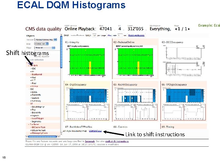 ECAL DQM Histograms Example: Ecal Shift histograms Link to shift instructions 16 